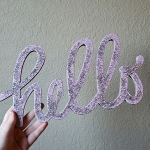 NEW Hand Painted "Hello" Purple and Gray Glitter Sign